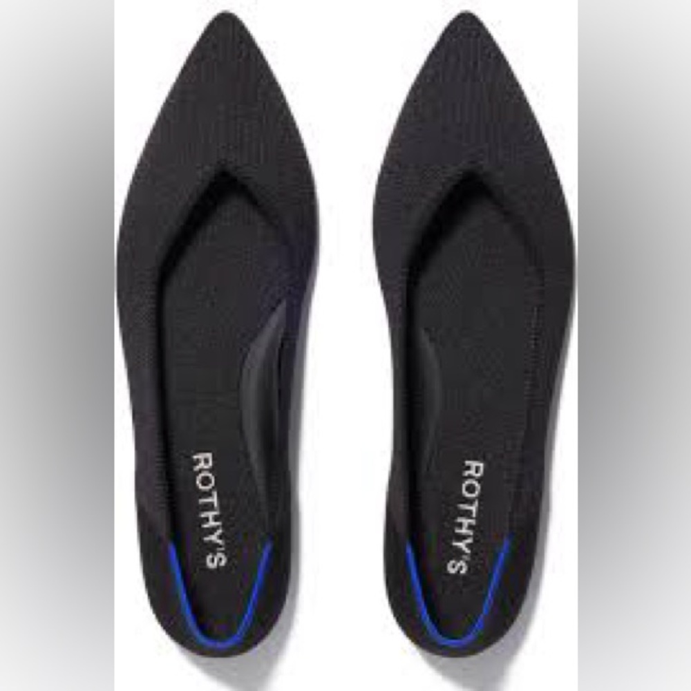 Rothy's Black Pointed Knit Flats with Blue Trim